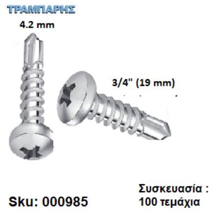 Picture of ΤΡΥΠΑΝΟΒΙΔΑ 4,2x19 mm ΨΩΜΑΚΙ Γαλβανιζέ DIN7504N Συσκευασία : 100 τεμαχίων