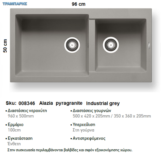 Εικόνα της ΝΕΡΟΧΥΤΗΣ Alazia  96x50 cm 2B Γούρνες 50x42x20,5 & 35x36x20,5 cm  INDUSTRIAL GREY Pyragranite Pyramis